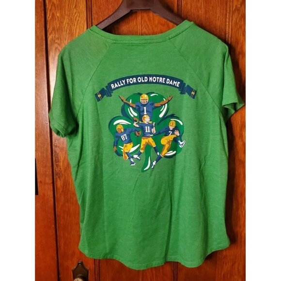 Notre Dame Women's Green V-Neck T-Shirt March On To Victory Rally L - Picture 2 of 7